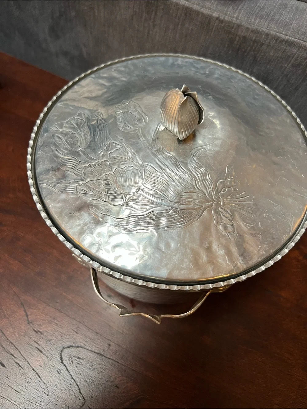 Vintage Hammered Aluminum Ice Bucket  Art Nouveau Rose Bud Floral Trim Handles